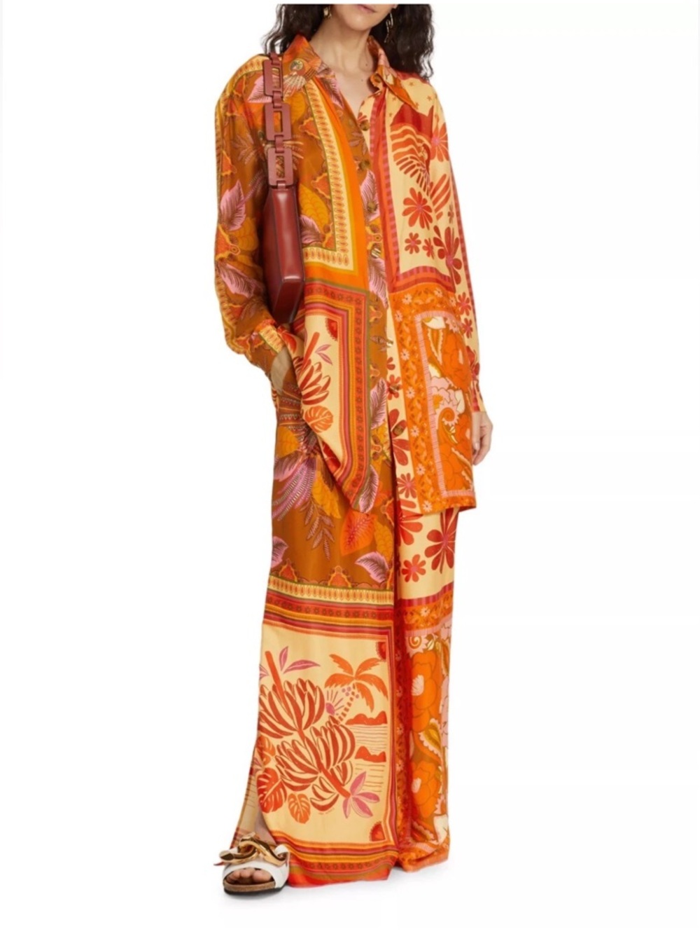 FARM RIO Forest Mixed Scarves Chemise Shirt Dress and Wide-Leg Pants Set